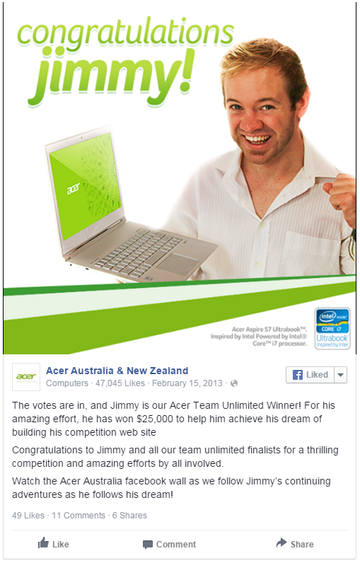 Acer Australia's Facebook post congratulating Jimmy as the Acer Team Unlimited winner, February 2013